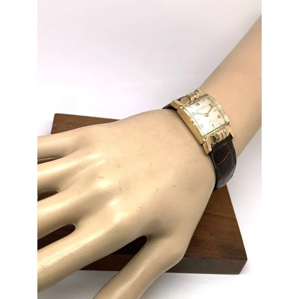 Bulova Watch Vintage 1953 8AC Mechanical Tank 10k Rolled Gold Brown Leather Band